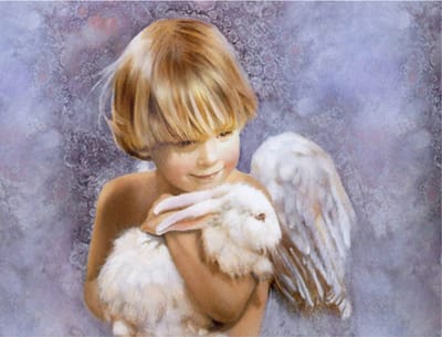 Allernieuwste.nl® Canvas Schilderij Kind Engel met Konijntje - Kunst aan je Muur - Romantisch - Kleur - 50 x 60 cm