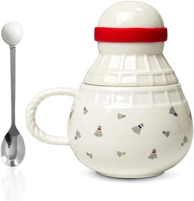 Creatieve badminton-koffiemok met deksel en lepel, 370 ml keramische mok in veerbal-design, unieke sportbeker voor badmintonliefhebbers, gepersonaliseerd cadeau voor mannen en vrouwen, perfect voor elke gelegenheid