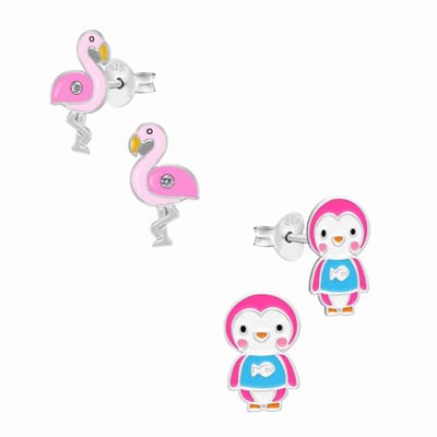 WeLoveSilver kinderoorbellen - zilveren oorstekers flamingo & pinguïn