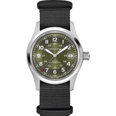 Montre Homme Hamilton Khaki Field Bracelet Textile NATO Cadran Vert Automatique H70455960 100M vert