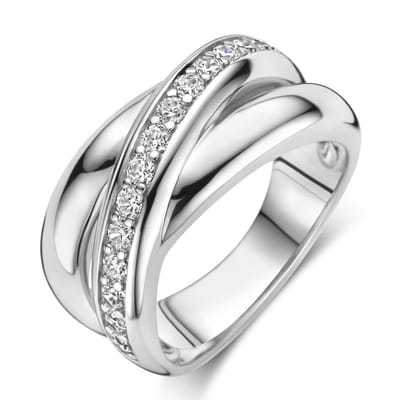 Mbrace Sterling Zilveren Damesring met een rij Zirkonia's – Maat 18.0 mm -Brede 925 Zilveren Ring met Gekruist Design en Zirkonia's– Elegante Ring met Luxe Uitstraling