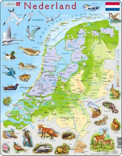 Larsen Nederland geografisch met dieren – Puzzel – Kaarten & Geografie – Nederland – Educatieve legpuzzel voor kinderen – 68 stukjes – Gemaakt in Noorwegen – Extra dikke 2,5 mm stukjes – Tray met vaste rand