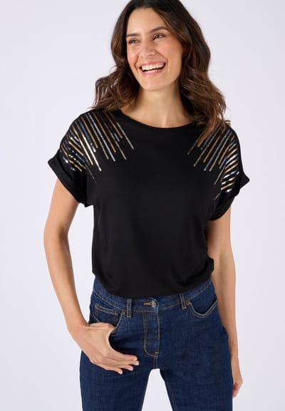 Damart - T-shirt van jerseytricot met lovertjes - Dames - Zwart - XS