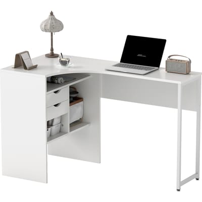 HOMCOM hoekbureau met 2 laden, 120x60 cm, L-bureau met 3 open vakken, computertafel voor studeren, werken, slaapkamer, huis, wit