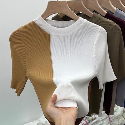 T-shirt met korte mouwen voor dames met een unieke retrostijl en een kleurblokkering van gebreide top van ijzijde 3XL white