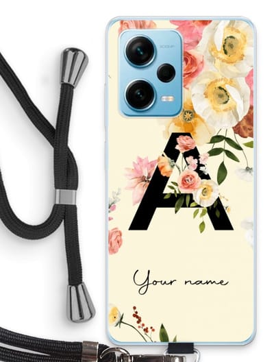 Gepersonaliseerd - Case Company® - Hoesje met koord geschikt voor Xiaomi Redmi Note 12 Pro Plus hoesje met Koord - Flirty Flowers Monogram - Telefoonhoesje met Zwart Koord - Bescherming aan alle Kanten en Over de Schermrand
