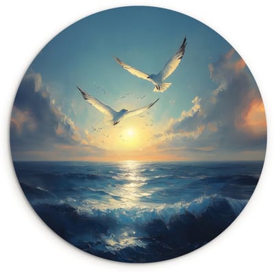 WallCircle® Wandcirkel 120x120 cm - Muurcirkel Meeuwen - Zee - Wolken -Blauw - Muurdecoratie woonkamer - Wanddecoratie slaapkamer - Kamer decoratie accessoires - Ronde schilderijen XXL