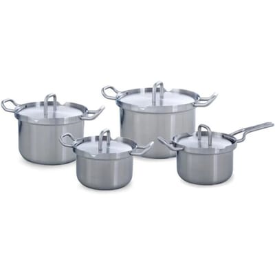 BK Q-linair Master Kookpannenset 4-delig - 16/18/20cm - 2/2.5/3.5L - Zonder PFAS-vrije antikleeflaag - Pannenset inductie - RVS pannenset - Ovenbestendig tot 230°C - Dowdraft afzuigsysteem - Met RVS deksel - Zilver