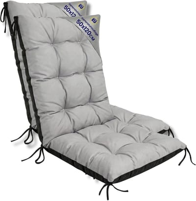 Tuinstoelkussens Hoge Rug Set: 2x 50x120 cm - Kussens voor Tuinstoelen & Standenstoel Terrasstoel Grijs Stoelkussens Tuin Zitkussen Extra Dik 10 cm met Bindlinten