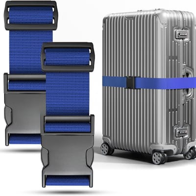 Famanu – Opvallende kofferriem set van 2 - verstelbare bagagebanden met kruissluiting en 2 naamkaartjes - extra veilig en snel herkenbaar op de bagageband - marineblauw
