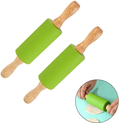 2-stuks Antiaanbak deegroller -Siliconen deegroller - Deegroller - Kleine deegroller - Mini siliconen deegroller voor kinderen -DIY-knutselprojecten - Bakgereedschap - 23*4,5*4,5 cm - Geschikt voor knutselen, deeg, bakken, fondant, enz. - Groen