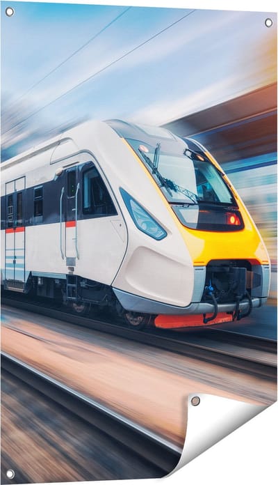 Gards Tuinposter Trein bij het Station - 60x90 cm - Tuindoek - Tuindecoratie - Wanddecoratie buiten - Tuinschilderij