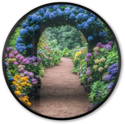 Poster in lijst Rond - Fotolijst 60x60 cm - Posters - Doorkijk - Bloemen - Hortensia - Pad - Ronde posterlijst zwart - Decoratie - Wanddecoratie woonkamer - Muurdecoratie slaapkamer