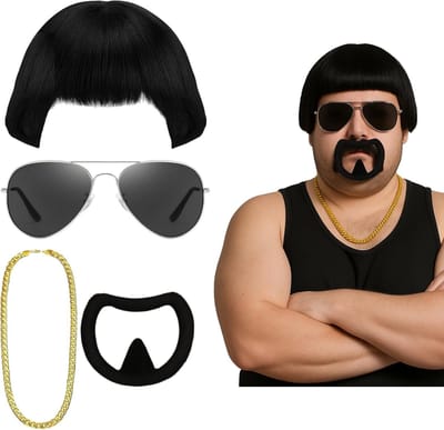 Final Boss Kostuum Accessoire Set met Komvormige Snitperruque, Gouden Ketting, Boss Bril en Baard voor Grappige Verkleedpartijen en Halloween Feesten