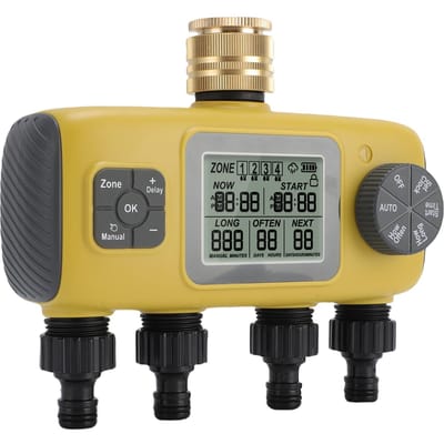 Irrigatietimer 4 Zones Onafhankelijk Programmeerbaar 34in Messing Inlaat IPX5 Spinklertimer met Regen beige
