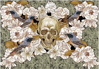 Fotobehangkoning - Behang - Vliesbehang - Fotobehang Skull - Bloemen - Schedel - Vogels - Among flowers - 400 x 280 cm
