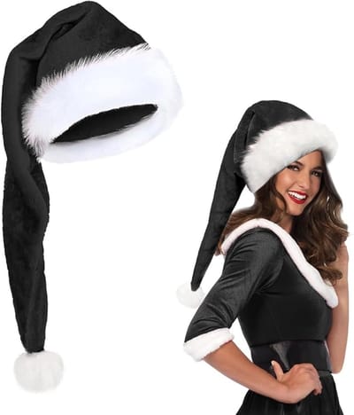 Kerstmanhoeden voor volwassenen, kerstmanmuts, lange pluche kerstmuts, voor mannen en vrouwen, kerstkostuum grappige kostuumaccessoires kerstornamenten-Zwart