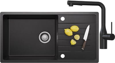 CECIPA MAX Spoelbak Keuken - Graniet Spoelbak 86x45CM Zwart - Spoelbakken Keuken Met Keukenkraan met Uittrekbare Uitloop - Spoelbakken Met Afdruip - Opbouw Spoelbak