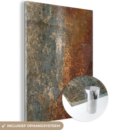 MuchoWow® Glasschilderij 120x160 cm - Schilderij acrylglas - Staal - Roest - Oud - Oranje - Grijs - Patroon - Abstract - Foto op glas - Schilderijen
