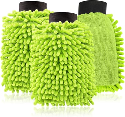 3-delige washandschoen voor auto's en huishoudelijk gebruik - Microvezel en chenille handschoen - Auto- en ramenreiniging (3 delen - Fluorescerend groen)