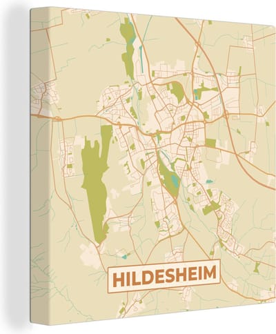 Canvas Schilderij Kaart - Vintage - Hildesheim - Plattegrond - Stadskaart - 20x20 cm - Wanddecoratie