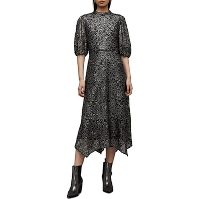 AllSaints Camila Broderie Dres Gunmetal Grey Maat: 4 | Midi Jurken Outlet | Dames | Zwart