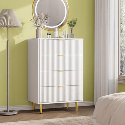 Ladekast met 4 Lades - Moderne Commode met Geribbelde Voorkant - Gouden Handgrepen & Metalen Poten - Slaapkamer en Woonkamer - 60x40x94 cm - Wit