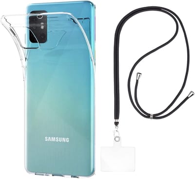 Set met hoesje en nekband voor Samsung Galaxy a51 - Flexibele, transparante TPU-bescherming, verstelbare universele nekband voor mobiele telefoons, zwarte nekband, transparante draagriem van Phonillico®
