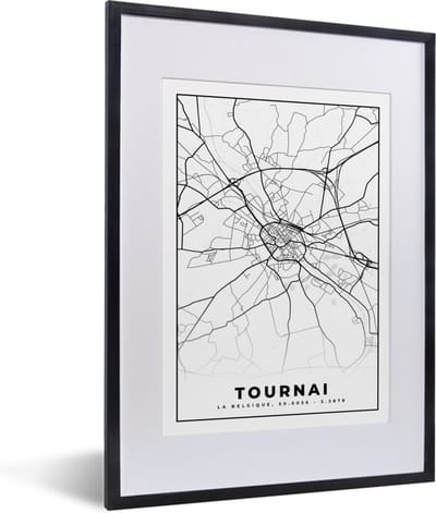 Fotolijst incl. Poster Zwart Wit- Zwart Wit – België – Plattegrond – Stadskaart – Kaart – Tournai - 30x40 cm - Posterlijst