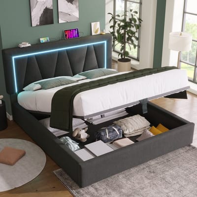 MEUNIQ gestoffeerd tweepersoons bed 140x200 met LED, USB en Type-C, opbergruimte, verstelbaar hoofdbord en lattenbodem, bedframe voor slaapkamer, grijs
