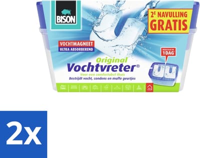 Bison - Original - Vochtvreter - Houder met Vochtmagneet - 900 Gram - Extra navulling - Geurloos - Voordeelverpakking - 2 stuks