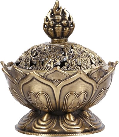 Vintage Backflow Wierookbrander Kom, Lotus Wierookhouder voor Poeder Cone en Coils, Tibetaanse Koperen Wierookhouder met Asopvang voor Aromatherapie en Meditatie