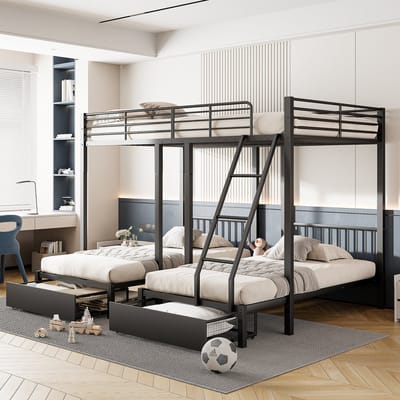 DESMIU Driepersoons Stapelbed 140x200cm – Multibed Met Schuifladen – In Drie Losse Bedden – Voor Gezin En Logees – Metaal – Zwart Zonder Matras