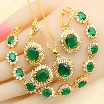 Nieuwe Collectie Goudkleurige Sieradensets Voor Vrouwen Bruiloft Groene Zirkonia Armband Oorbellen Ketting Hanger Ring Cadeau 7 beige