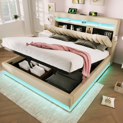 VVBV Gestoffeerd Opbergbed 180x200 cm - LED, USB-C, Hydraulische Opbergruimte, Opberghoofdbord, Lades, Linnen, Zonder - 123B