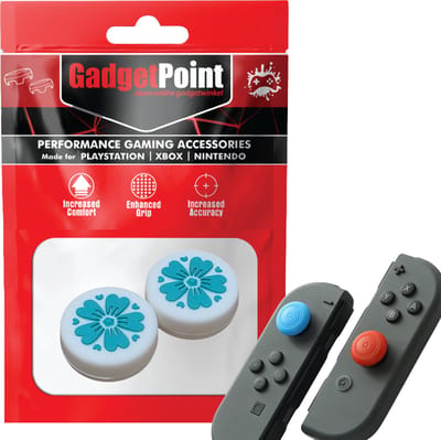 Gadgetpoint - Thumb Grips voor Nintendo Switch Joy-Con Controllers - Gaming Thumbgrips - Performance Anti-Slip Thumbsticks - Bescherming Accessoires - Bloemetjes - Wit met Blauw
