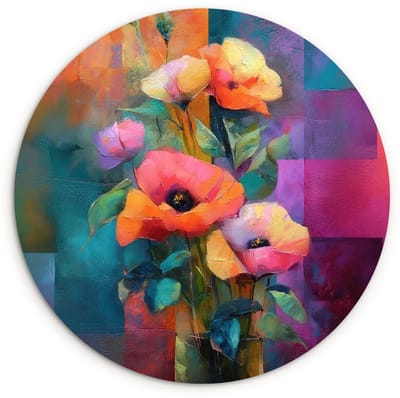 WallCircle® Wandcirkel 120x120 cm - Muurcirkel Geometrische kleurvlaken - Modern - Fantasiebloemen - Muurdecoratie woonkamer - Wanddecoratie slaapkamer - Kamer decoratie accessoires - Ronde schilderijen XXL