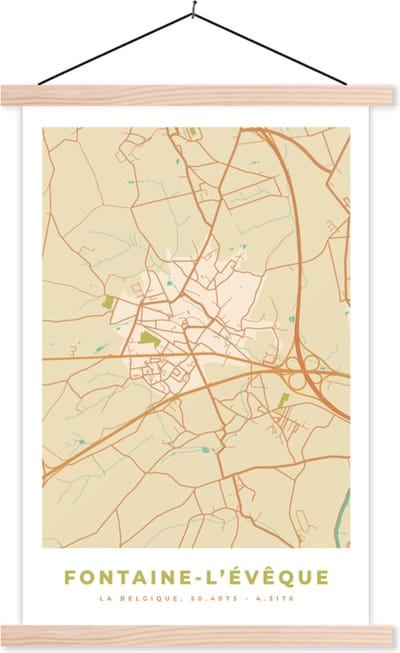 Posterhanger incl. Poster 40x60 cm - Schoolplaat - Plattegrond - Kaart - Vintage - Fontaine-L'Évêque - Stadskaart - Textielposter - Blanke latten - Stadskaart