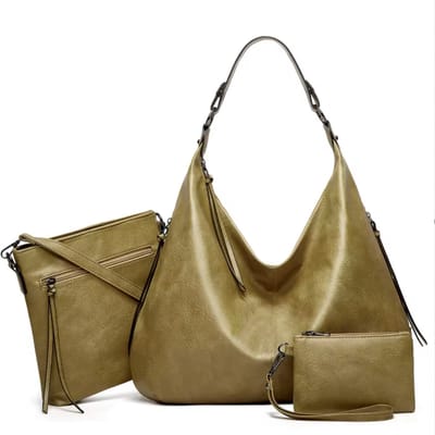 Dames Tassen Set 3-delig – Grote Schoudertas, Crossbody Tas & Portemonnee – Khaki groen – URBAN U