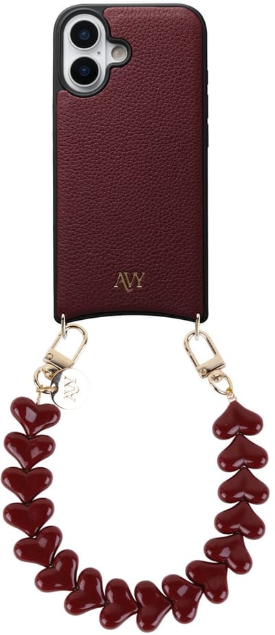 AVY Leren Hoesje Geschikt voor Apple iPhone 17 | Compatibel met MagSafe | Leather Case met Telefoonkoord | Polsband | Burgundy | Cupid Burgundy