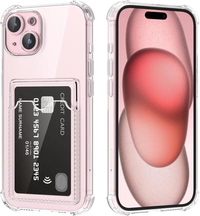 Schokbestendig TPU Hoes Pas Houder Geschikt voor: iPhone 15 - Transparant - Hoesje met Achterkant Pasjeshouder