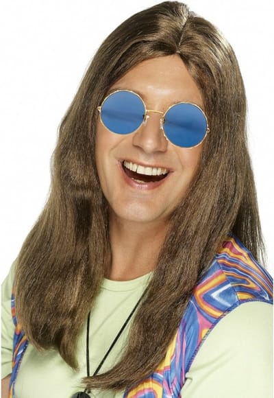 Smiffys Hippie Sixties verkleed set - Pruik lang haar bruin - bril ronde glazen blauw - heren