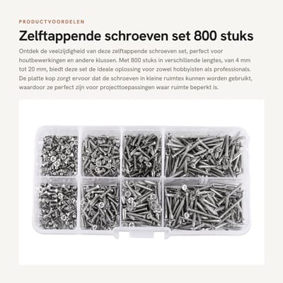 Dailygoods- Zelftappende Schroeven Set 800 Stuks - Houtschroeven Assortiment - Vernikkeld Koolstofstaal - Platte Kop - Geschikt voor Houtbewerking - Verpakt in Doos