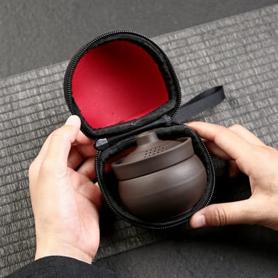 1 set mini handgemaakte keramische theepot, kleine theepot voor één persoon met opbergzakje, draagbare Kung Fu-theeset voor buiten kamperen, geschikt voor thuis, kantoor, zakelijk