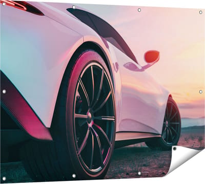 Gards Tuinposter Witte Sportwagen Auto - 120x90 cm - Tuindoek - Tuindecoratie - Wanddecoratie buiten - Tuinschilderij