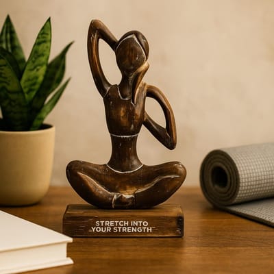 Yoga Beeldje Vrouw Hout - Bruin/Antiek - Cow Face Houding - Handgemaakt In Bali - Spirituele Beelden - 14.7x7.8x27.2