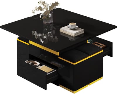 Moderne Zwarte Hoogglans Salontafel - Stijlvolle Bijzettafel - Multifunctioneel - Verstelbare Hoogte - MDF - Zwart