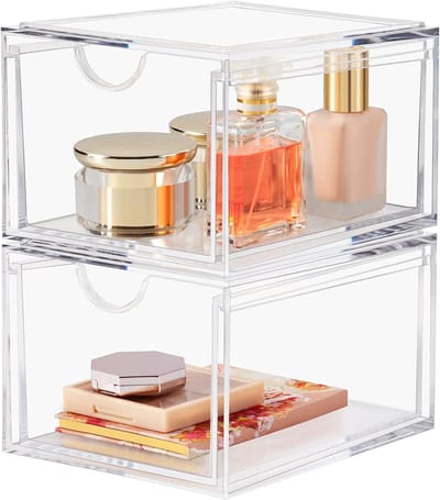 2 Stuks Stapelbare Acryl Organizer voor Lades, Dikke Transparante Make-up en Skincare Opbergdoos voor Badkamer, Bureau en Lade