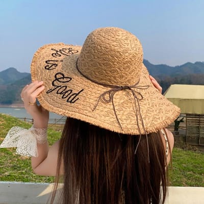 Chapeau de Soleil d'Été pour l'Extérieur Montrant le Visage Petite Protection Solaire Chapeau de Soleil de Plage Chapeau de Paille Chapeau de Paille à Large Bord Super Brodé de Lettres Tricotées pour Femmes beige