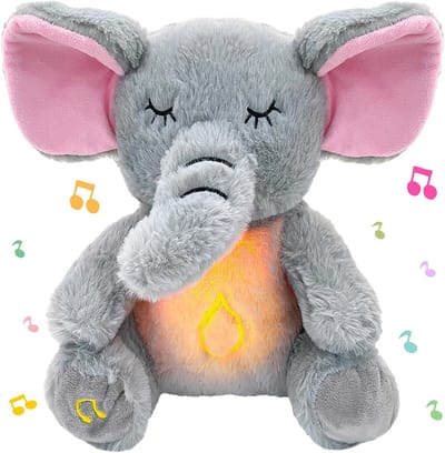 Zacht Olifantenknuffel met Geluiden voor Baby's, Nachtlampje, Rustgevende Muziek en Ademhalingsbeweging, Perfect Cadeau voor Nieuwe Ouders